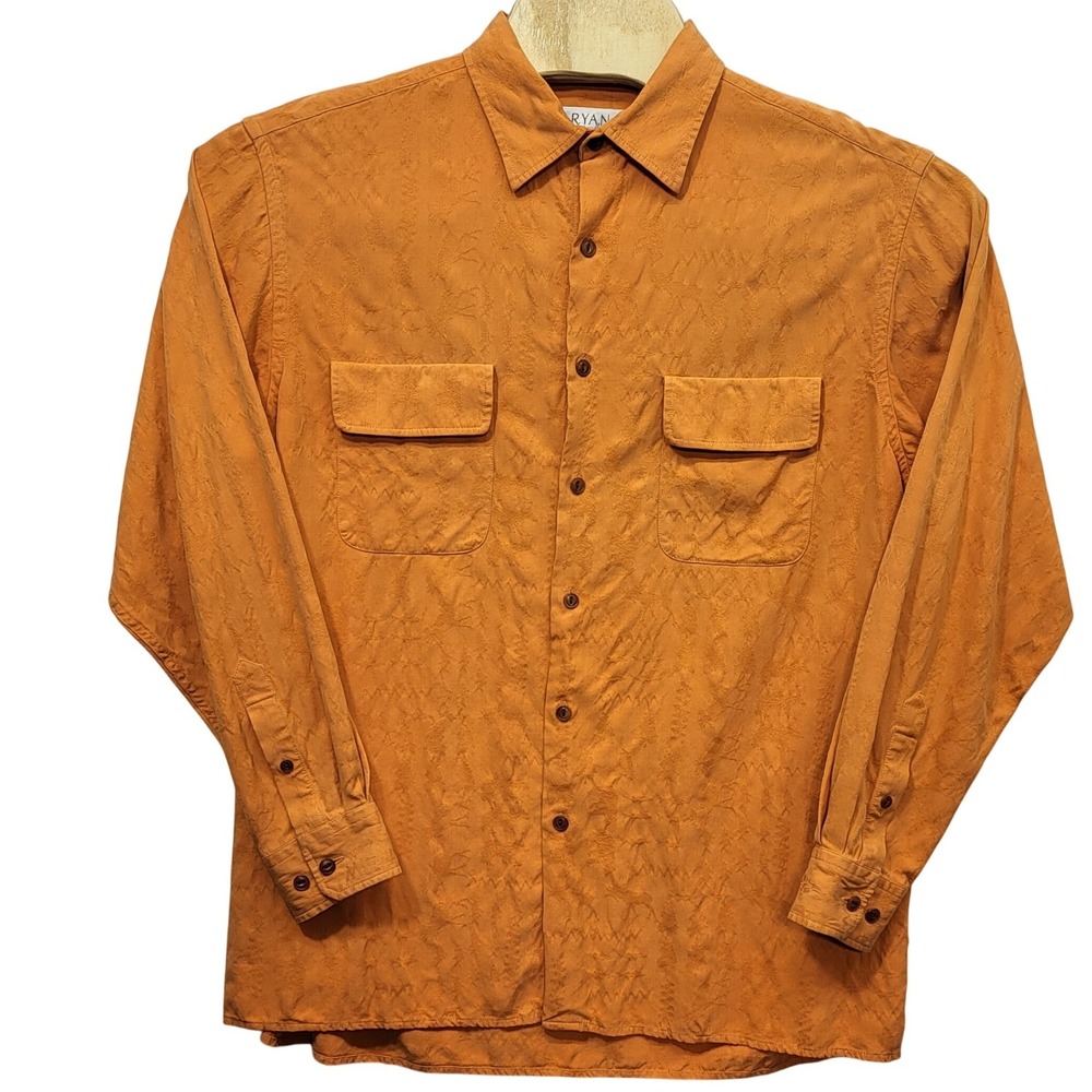 Ryan Michael Mens Large 100% Silk Jacquard Button Down Shirt Orange Long Sleeve